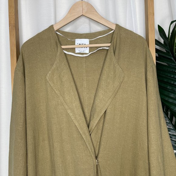 SOLD Zara Beige Tan Linen Coat Jacket Size S Relaxed Pockets Long Sleeve Casual - Picture 6 of 12